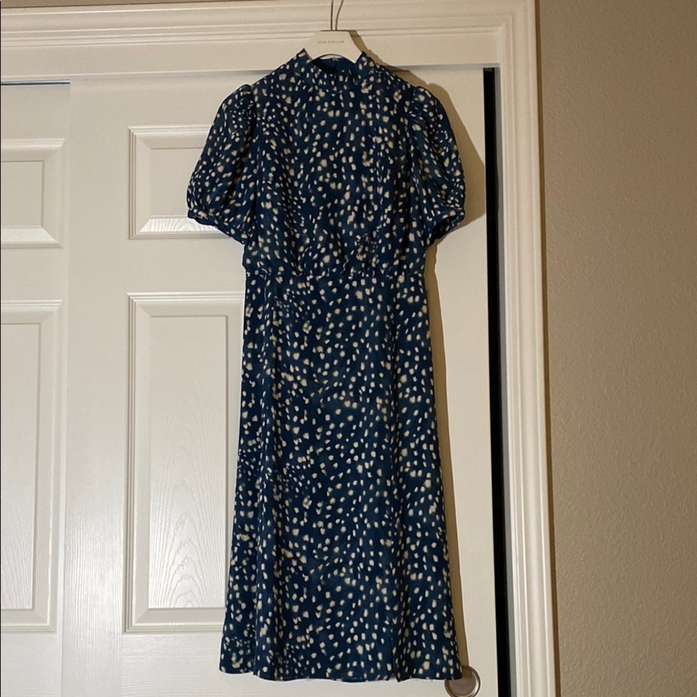 Ann Taylor Blue and White Puff Sleeve Sheath Dress